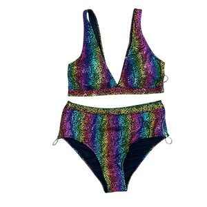 Womens Rainbow Bikini Set L Metallic Holographic Mermaid Festival Rave Fairy